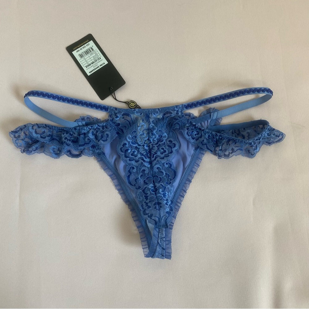 Pleasure State Blue Lace Double Strap Ruffled Lace Trim Thong, M - Picture 3 of 4